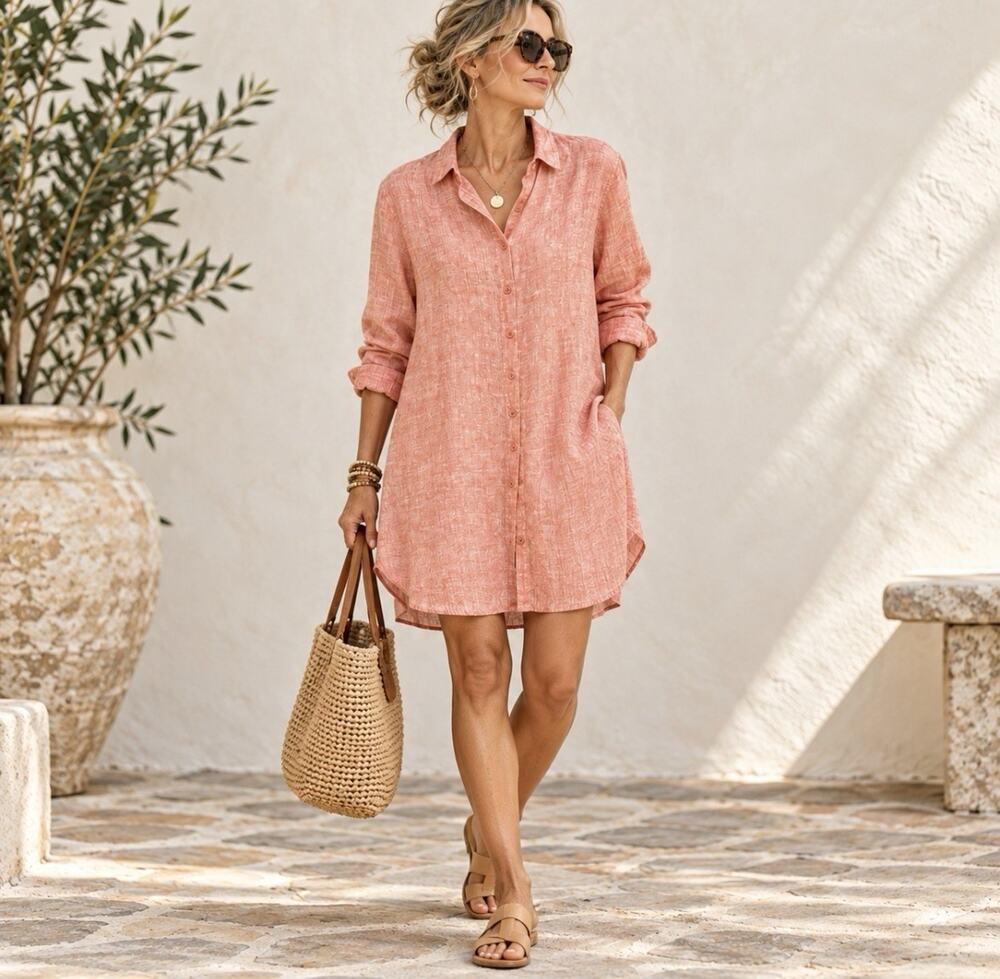 Garnet Hill 100% Linen Tunic Shirt M Coral Long Button Front Lagenlook Coastal